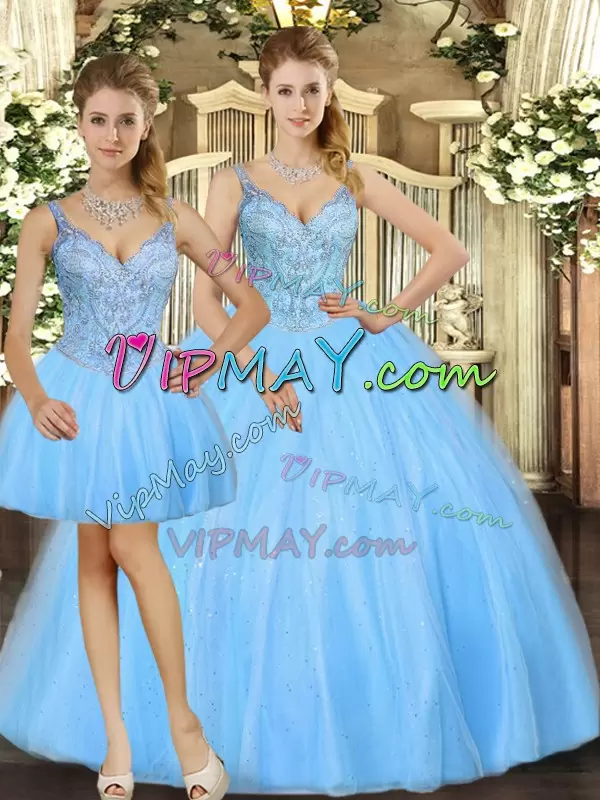 Suitable Baby Blue Lace Up 15th Birthday Dress Beading Sleeveless Floor Length