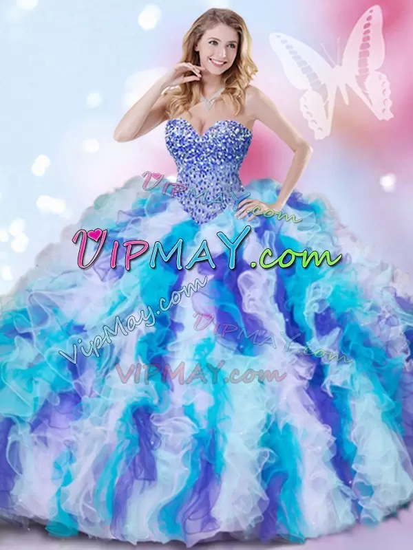 Fine Multi-color Sleeveless Beading and Ruffles Lace Up Vestidos de Quinceanera Sweetheart