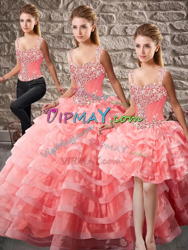 Watermelon Red Sleeveless Organza Court Train Lace Up Sweet 16 Dress for Quinceanera