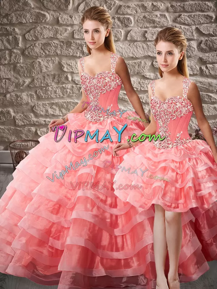 Watermelon Red Sleeveless Organza Court Train Lace Up Sweet 16 Dress for Quinceanera