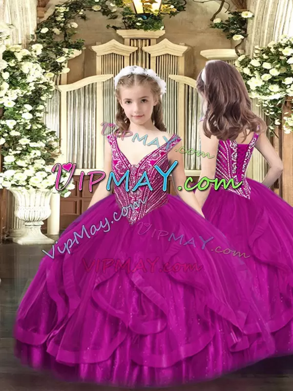 Traditional Beading and Ruffles Sweet 16 Quinceanera Dress Fuchsia Lace Up Sleeveless Floor Length