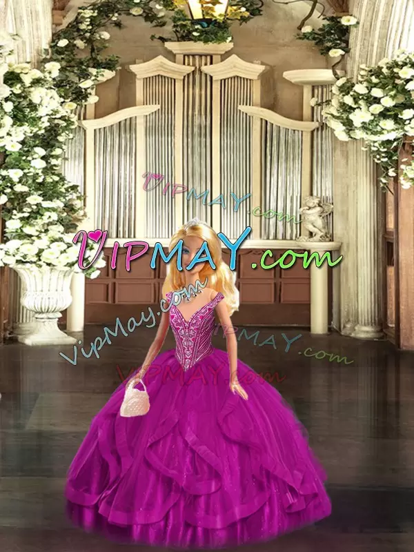 Traditional Beading and Ruffles Sweet 16 Quinceanera Dress Fuchsia Lace Up Sleeveless Floor Length