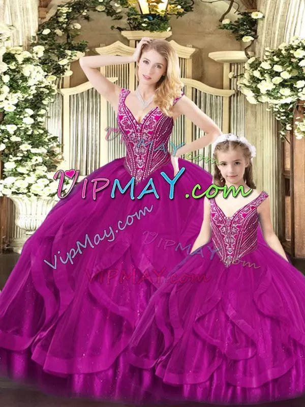 Traditional Beading and Ruffles Sweet 16 Quinceanera Dress Fuchsia Lace Up Sleeveless Floor Length