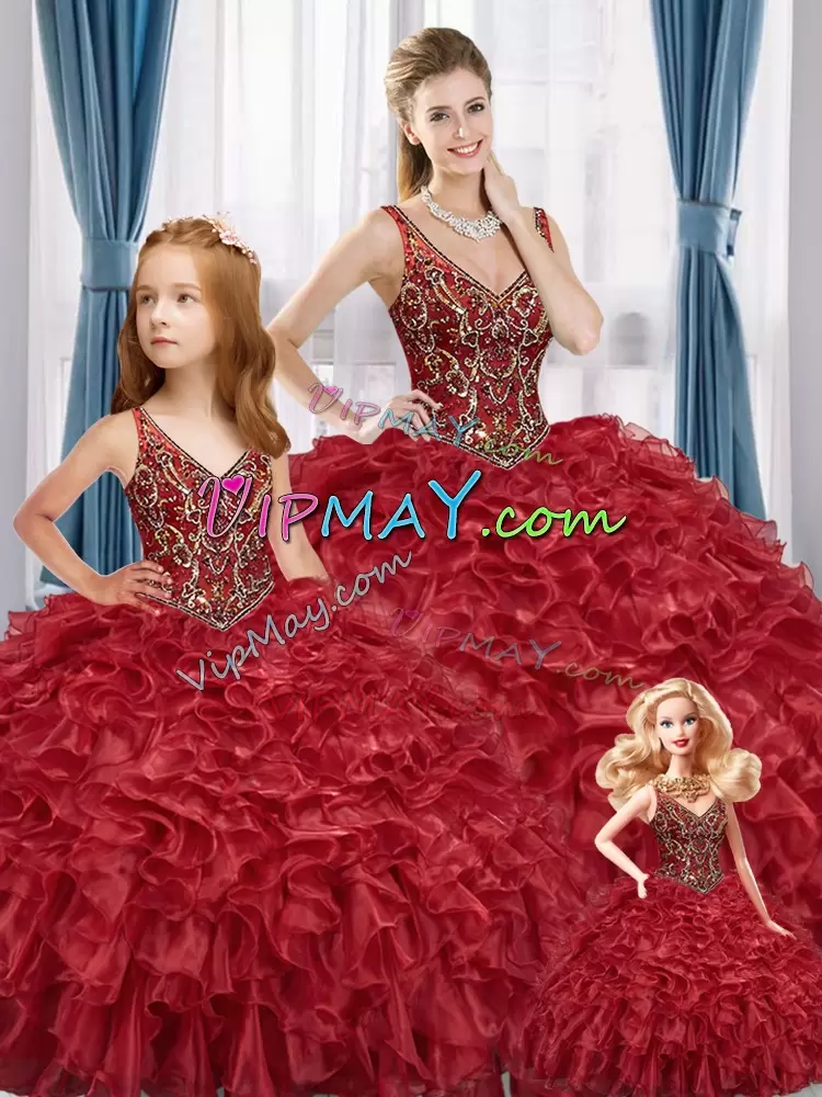 Red Sleeveless Organza Lace Up Vestidos de Quinceanera for Sweet 16 and Quinceanera