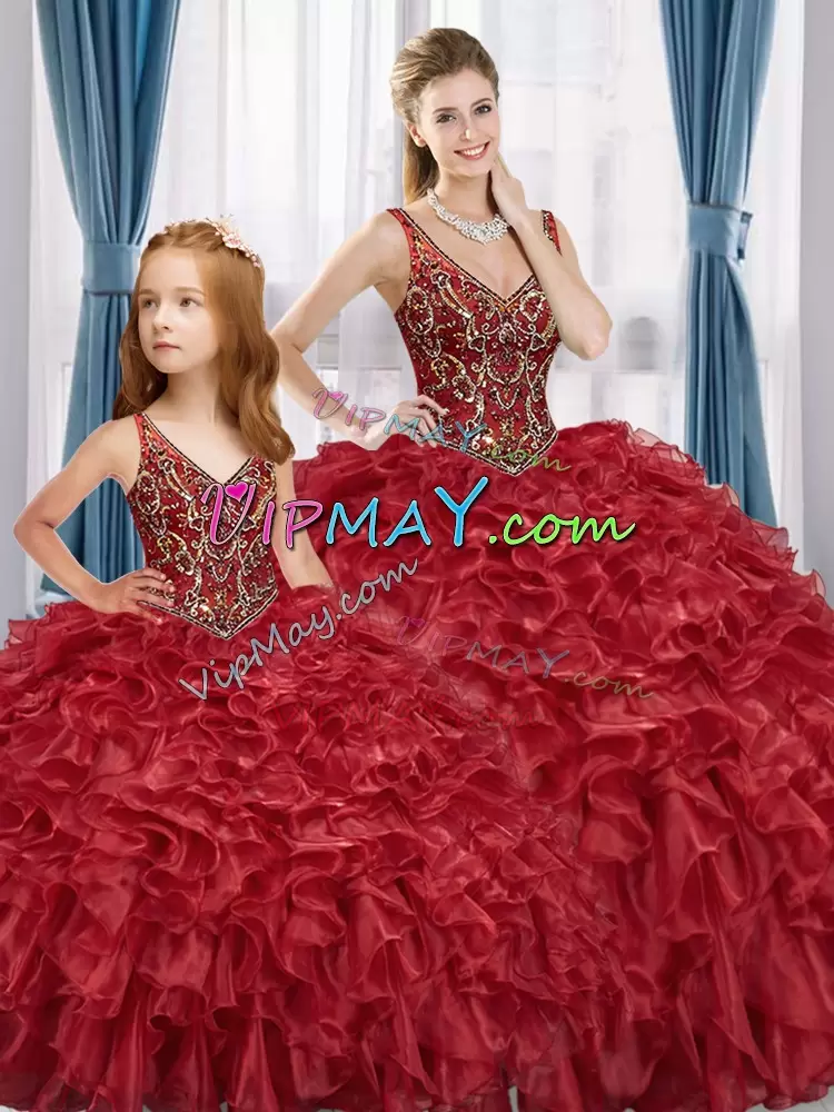 Red Sleeveless Organza Lace Up Vestidos de Quinceanera for Sweet 16 and Quinceanera