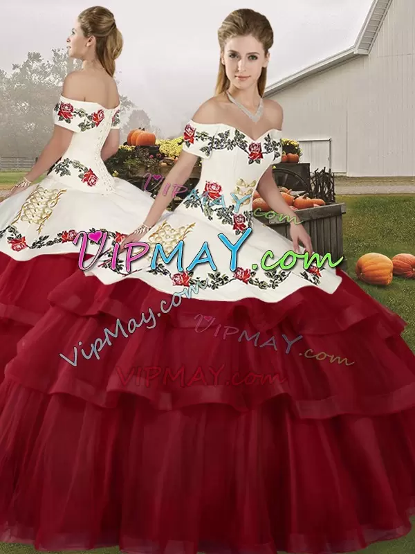 Captivating Wine Red Ball Gowns Tulle Off The Shoulder Sleeveless Embroidery and Ruffled Layers Lace Up 15 Quinceanera Dress Brush Train