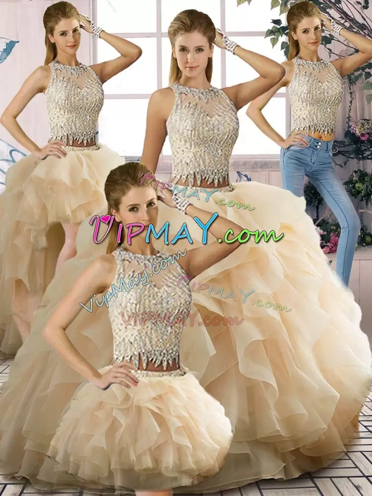 Champagne Tulle Zipper Ball Gown Prom Dress Sleeveless Floor Length Beading and Ruffles