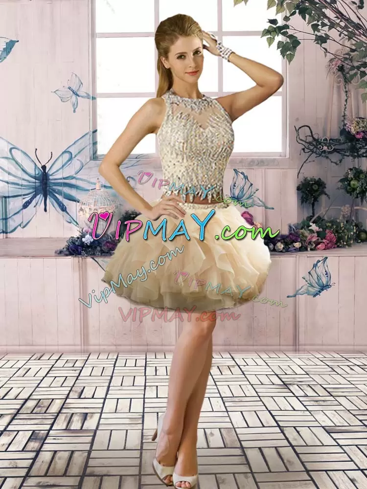 Champagne Tulle Zipper Ball Gown Prom Dress Sleeveless Floor Length Beading and Ruffles