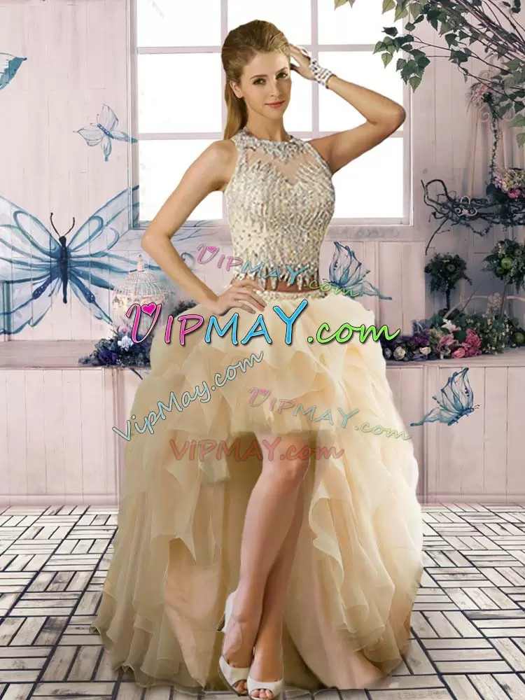 Champagne Tulle Zipper Ball Gown Prom Dress Sleeveless Floor Length Beading and Ruffles