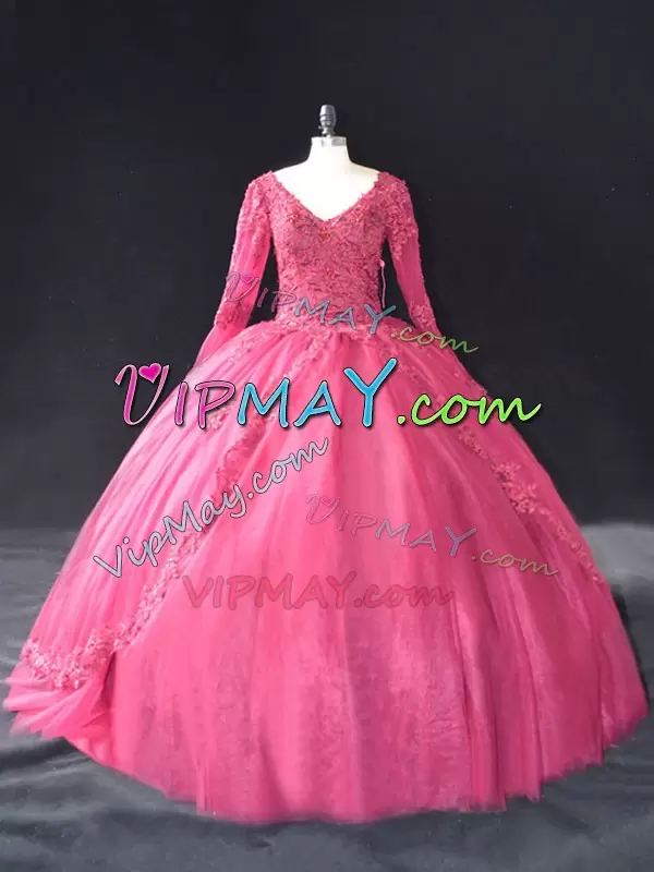 Floor Length Lace Up 15 Quinceanera Dress Hot Pink for Sweet 16 and Quinceanera with Lace and Appliques