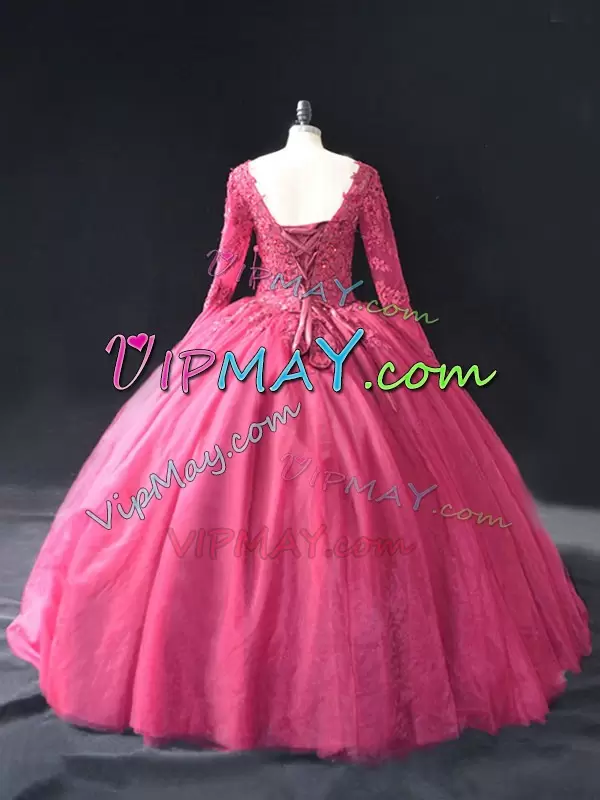 Floor Length Lace Up 15 Quinceanera Dress Hot Pink for Sweet 16 and Quinceanera with Lace and Appliques