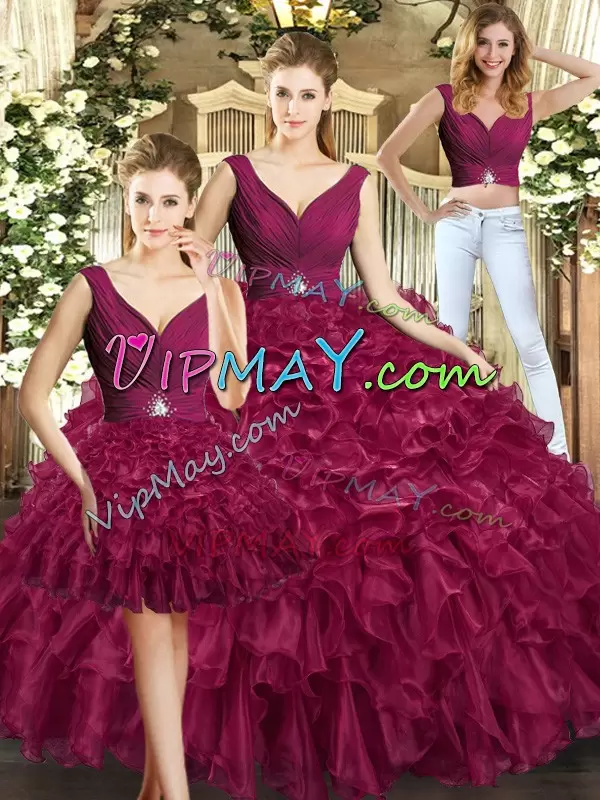 Ball Gowns Vestidos de Quinceanera Burgundy V-neck Organza Sleeveless Floor Length Backless