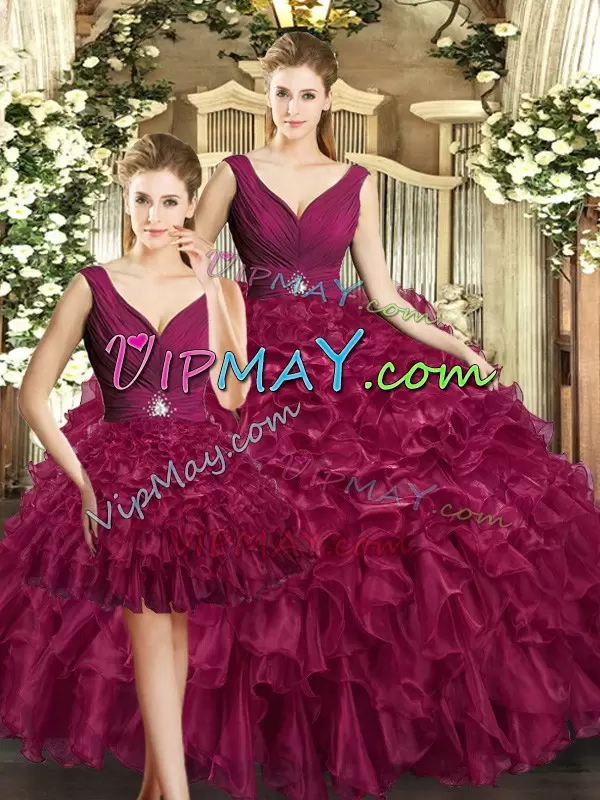 Ball Gowns Vestidos de Quinceanera Burgundy V-neck Organza Sleeveless Floor Length Backless