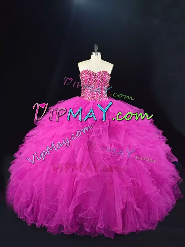 Flirting Fuchsia Sleeveless Tulle Lace Up Quinceanera Dresses for Sweet 16 and Quinceanera