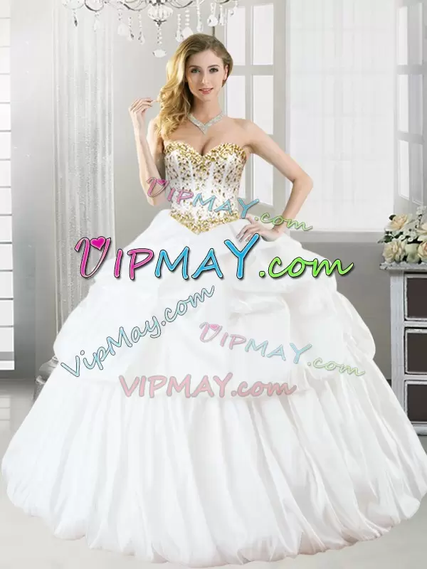 White Sleeveless Floor Length Beading and Pick Ups Lace Up Quince Ball Gowns Sweetheart