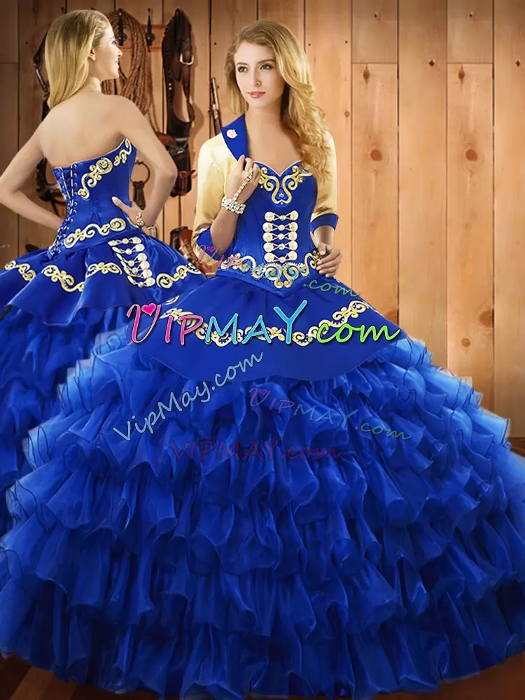 Blue Sleeveless Embroidery and Ruffled Layers Floor Length Quinceanera Gown