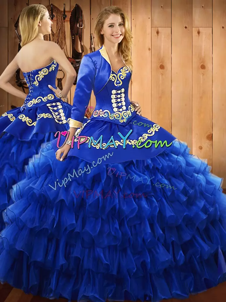 Blue Sleeveless Embroidery and Ruffled Layers Floor Length Quinceanera Gown