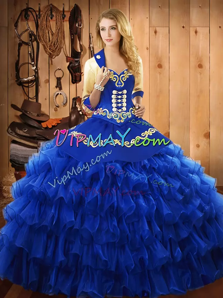 Blue Sleeveless Embroidery and Ruffled Layers Floor Length Quinceanera Gown