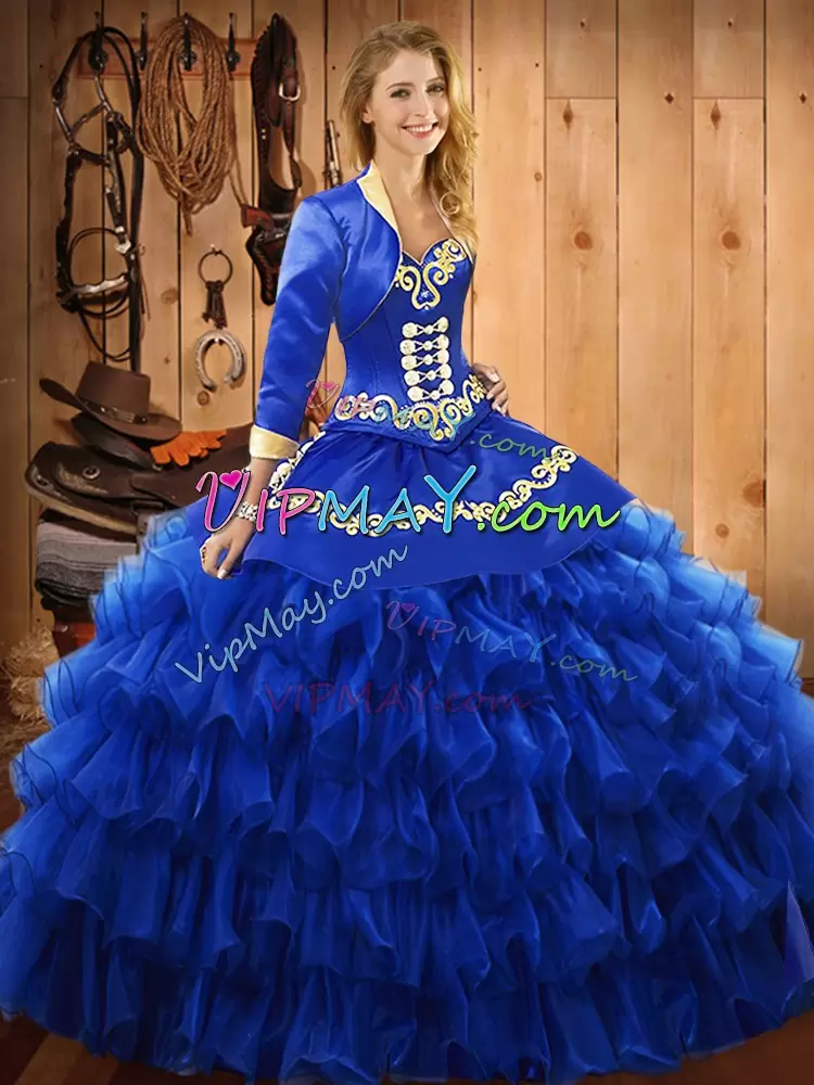 Blue Sleeveless Embroidery and Ruffled Layers Floor Length Quinceanera Gown