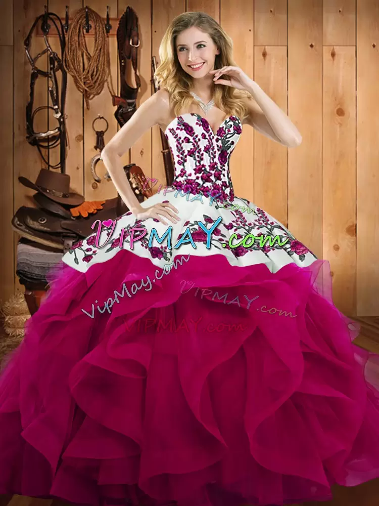 Elegant Fuchsia Sleeveless Satin and Organza Lace Up Sweet 16 Dresses for Military Ball and Sweet 16 and Quinceanera