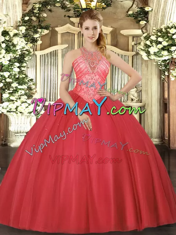 Ideal Tulle High-neck Sleeveless Lace Up Beading Sweet 16 Dress in Red