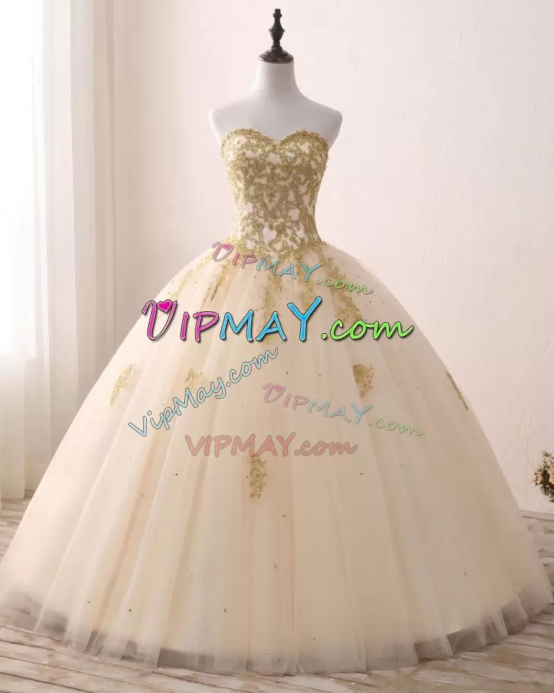 Champagne Sleeveless Beading and Appliques Floor Length Quinceanera Gowns