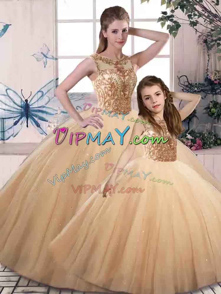 Gold Scoop Neckline Beading Sweet 16 Quinceanera Dress Sleeveless Lace Up