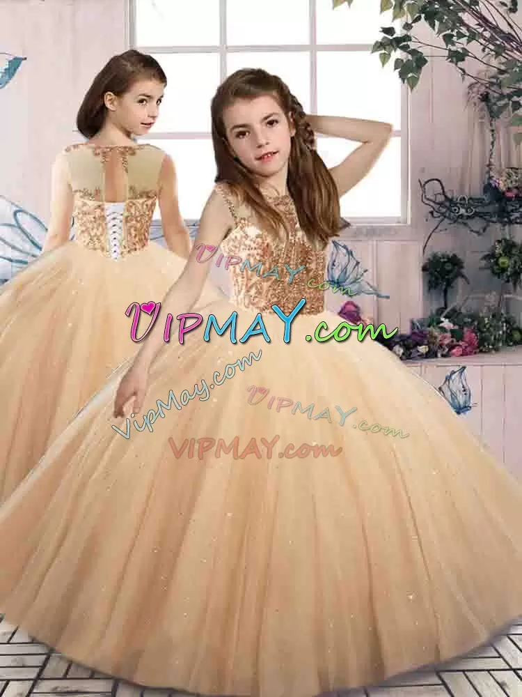 Gold Scoop Neckline Beading Sweet 16 Quinceanera Dress Sleeveless Lace Up