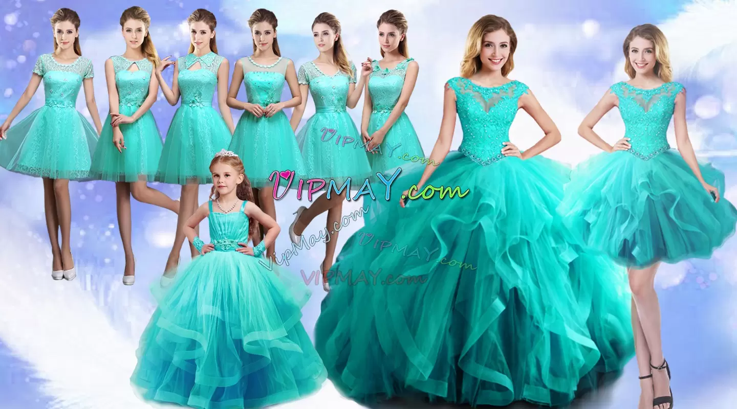 Turquoise Scoop Lace Up Beading and Lace Quinceanera Dress Sleeveless