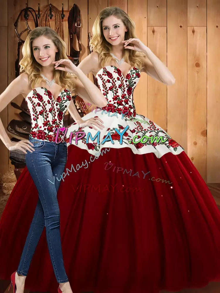 Luxurious Wine Red Sweetheart Neckline Embroidery Quinceanera Dress Sleeveless Lace Up