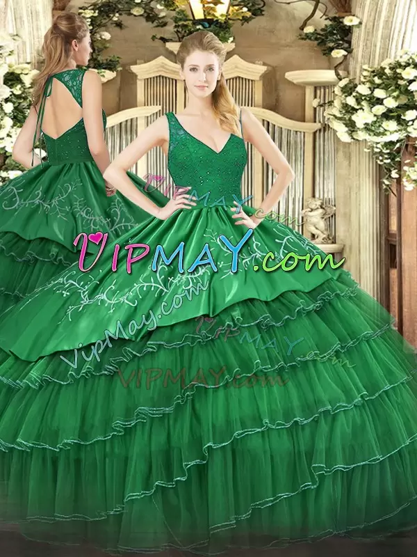 Green Sleeveless Beading and Embroidery and Ruffled Layers Floor Length Sweet 16 Dress