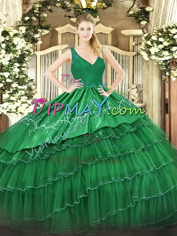 Green Sleeveless Beading and Embroidery and Ruffled Layers Floor Length Sweet 16 Dress