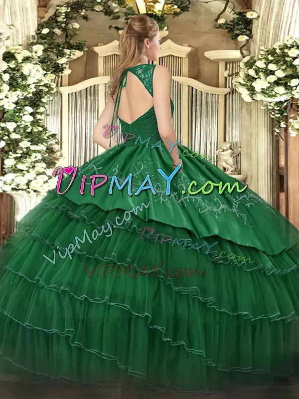 Green Sleeveless Beading and Embroidery and Ruffled Layers Floor Length Sweet 16 Dress