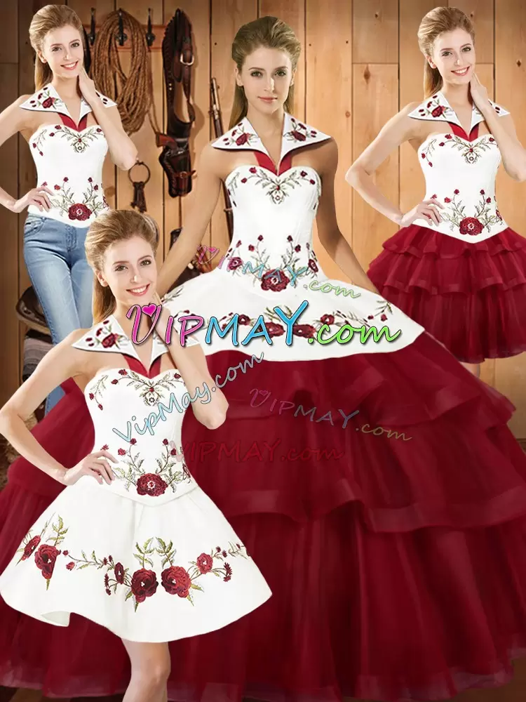 With Train Wine Red 15th Birthday Dress Satin and Organza Sweep Train Sleeveless Embroidery and Ruffled Layers