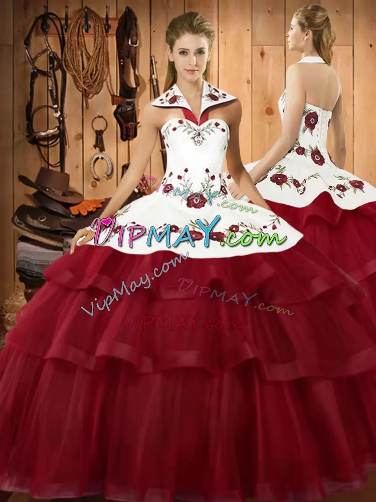 With Train Wine Red 15th Birthday Dress Satin and Organza Sweep Train Sleeveless Embroidery and Ruffled Layers