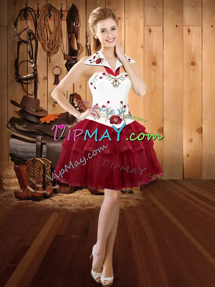 With Train Wine Red 15th Birthday Dress Satin and Organza Sweep Train Sleeveless Embroidery and Ruffled Layers