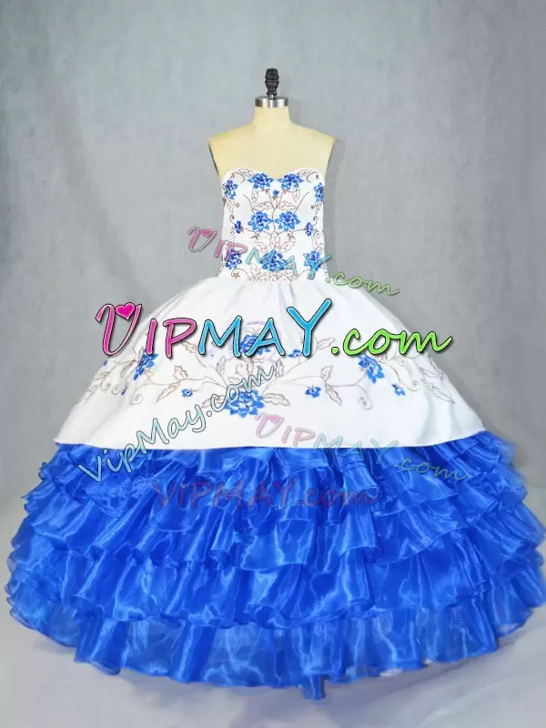 Blue And White Ball Gowns Embroidery and Ruffled Layers Vestidos de Quinceanera Lace Up Organza Sleeveless Asymmetrical