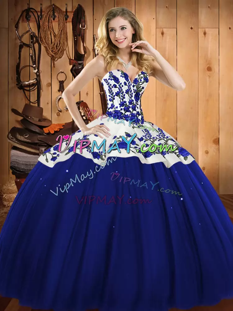 Top Selling Sweetheart Sleeveless Lace Up Quinceanera Dresses Blue Satin and Tulle Embroidery