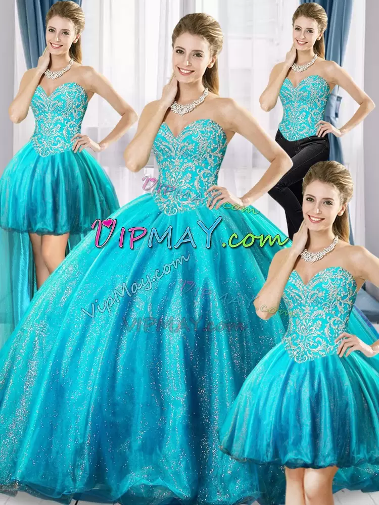 Sweetheart Sleeveless Lace Up Quinceanera Dress Aqua Blue Organza Beading