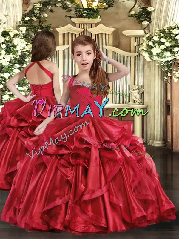 Customized Red Organza Lace Up Straps Sleeveless Floor Length Sweet 16 Dress Ruffles