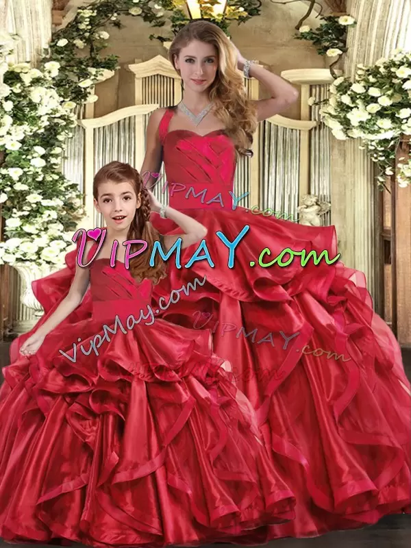 Customized Red Organza Lace Up Straps Sleeveless Floor Length Sweet 16 Dress Ruffles
