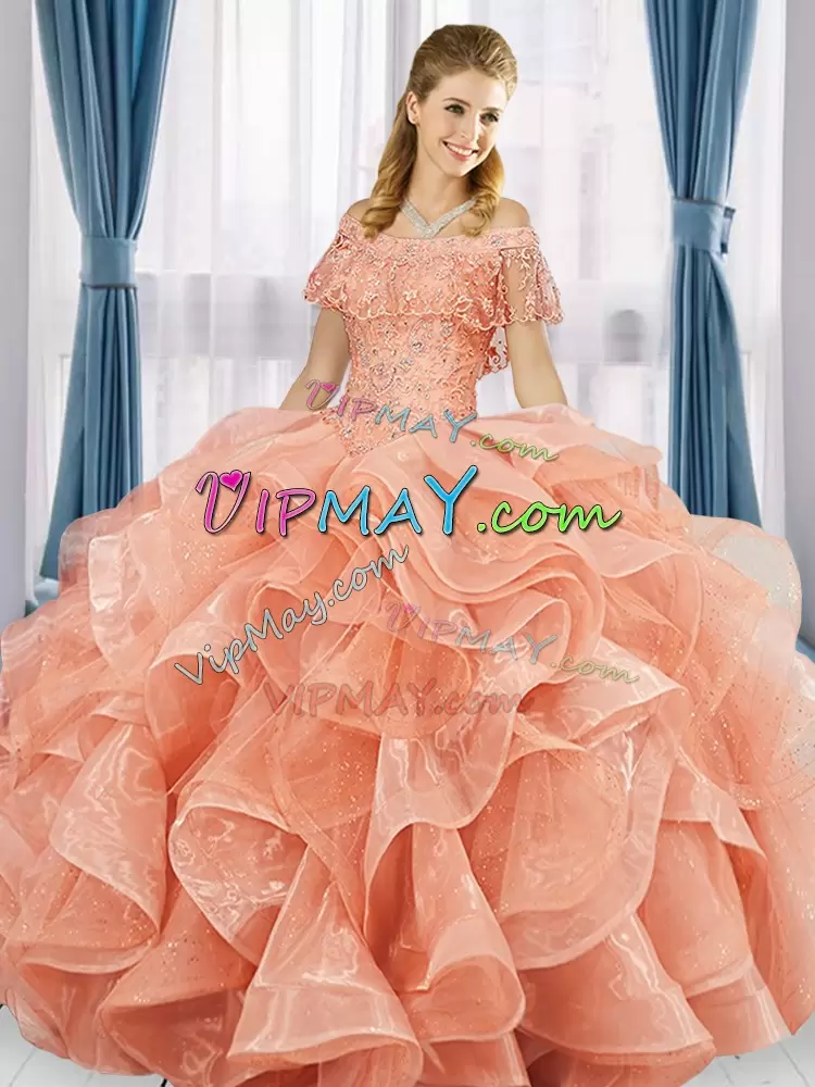Enchanting Organza Off The Shoulder Sleeveless Lace Up Beading and Ruffles Vestidos de Quinceanera in Peach