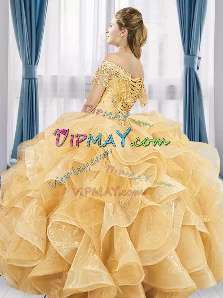 Enchanting Organza Off The Shoulder Sleeveless Lace Up Beading and Ruffles Vestidos de Quinceanera in Peach