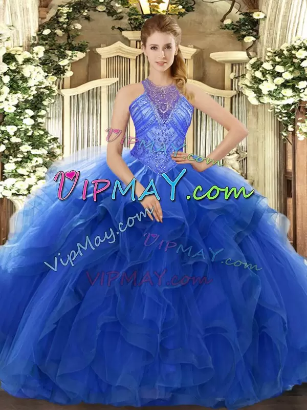 Excellent Ball Gowns Sweet 16 Quinceanera Dress Blue High-neck Organza Sleeveless Floor Length Lace Up