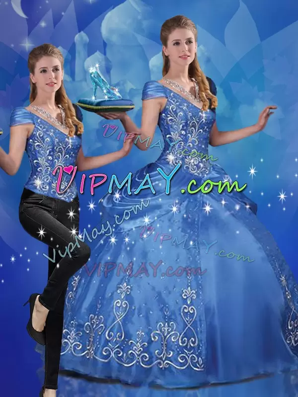 Best Blue Sweet 16 Dress Military Ball and Sweet 16 and Quinceanera with Beading and Embroidery Off The Shoulder Cap Sleeves Lace Up