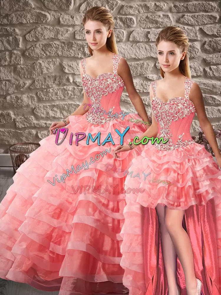 Court Train Ball Gowns Sweet 16 Quinceanera Dress Watermelon Red Straps Organza Sleeveless Lace Up