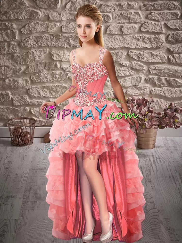 Court Train Ball Gowns Sweet 16 Quinceanera Dress Watermelon Red Straps Organza Sleeveless Lace Up