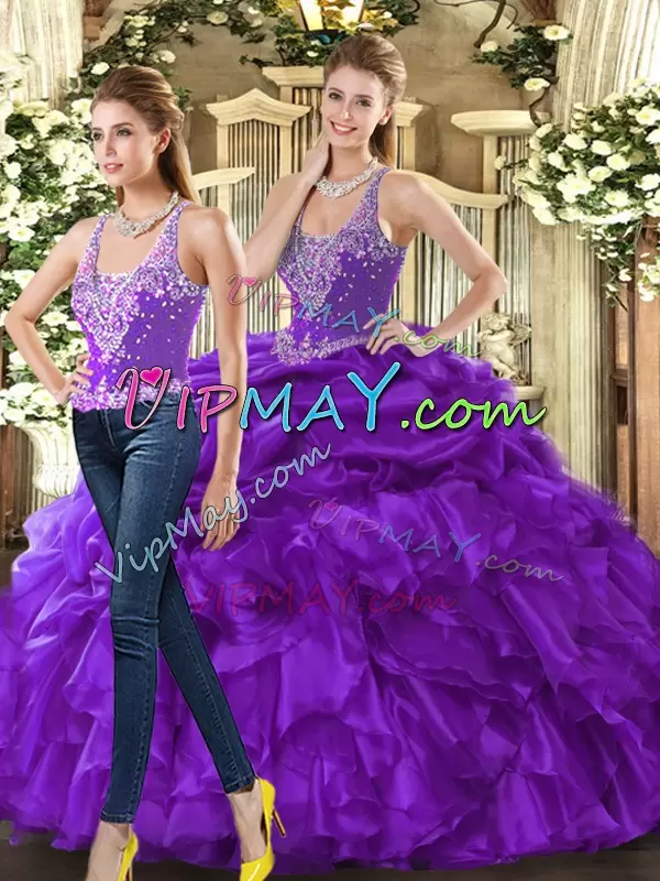 Stunning Eggplant Purple Tulle Lace Up Straps Sleeveless Floor Length Quinceanera Gowns Beading and Ruffles