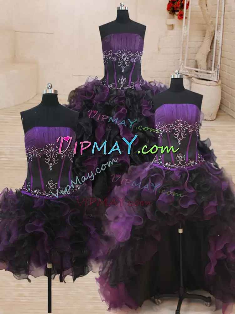 Sweet Floor Length Black and Purple Quinceanera Dress Organza Sleeveless Beading and Ruffles