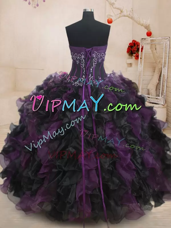 Sweet Floor Length Black and Purple Quinceanera Dress Organza Sleeveless Beading and Ruffles